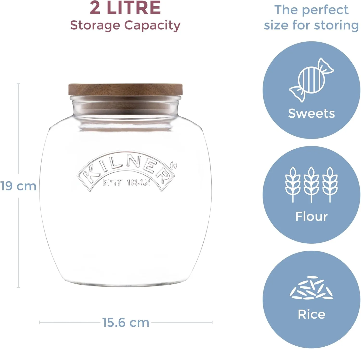 Kilner Universal Jar Wooden Lid 2 Litre Glass Food Container With Silicone Seals Kitchen Pantry Storage For Dry Food Like Grains, Pasta And Cereals