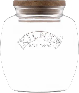 Kilner Universal Jar Wooden Lid 2 Litre Glass Food Container With Silicone Seals Kitchen Pantry Storage For Dry Food Like Grains, Pasta And Cereals