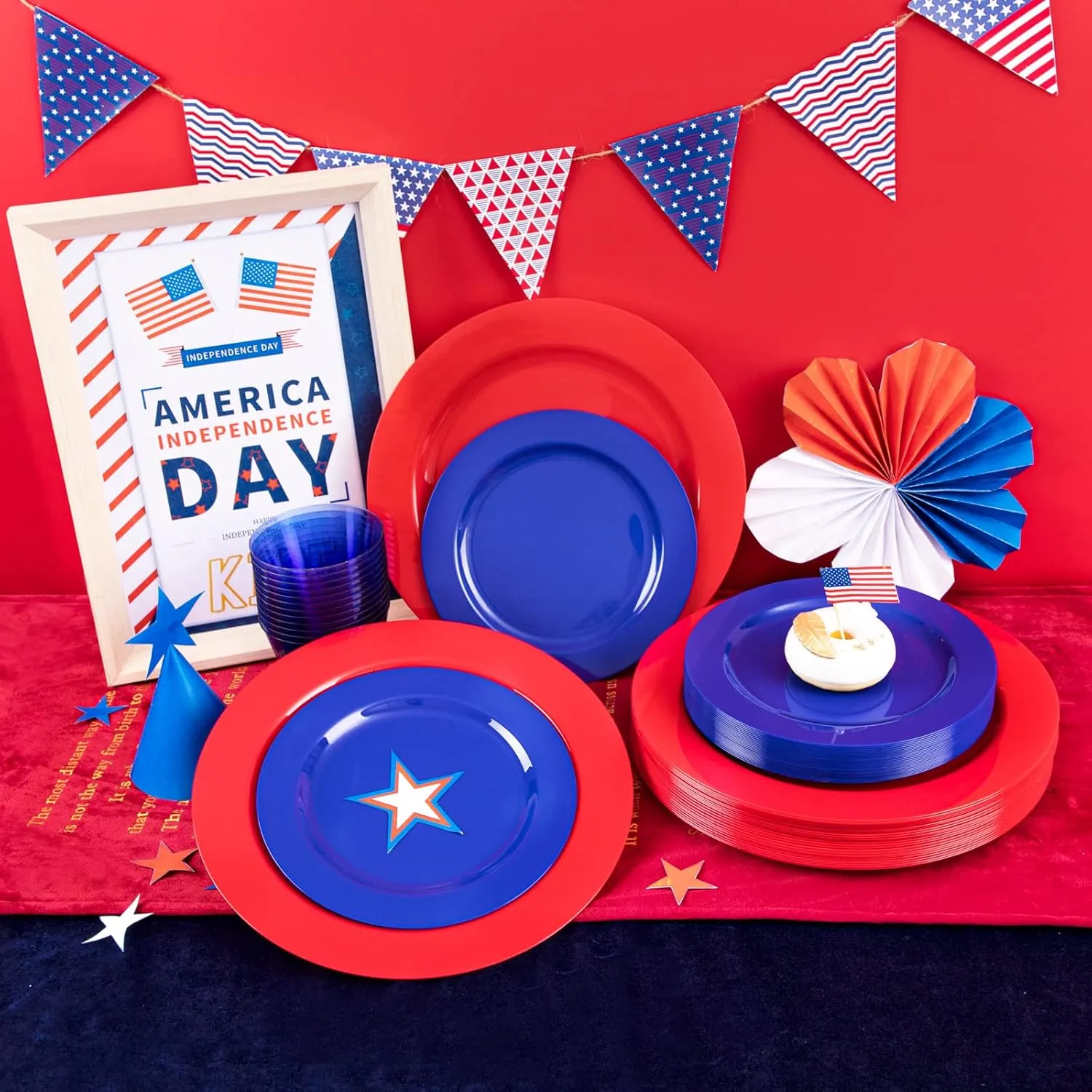 KIRE 150PCS 4th of July Plates & Red White Blue Disposable Plastic Silverware &Clear Blue Cups-American Flag Patriotic Party Supplies for Celebration Activities,Independence Day, Memorial Day