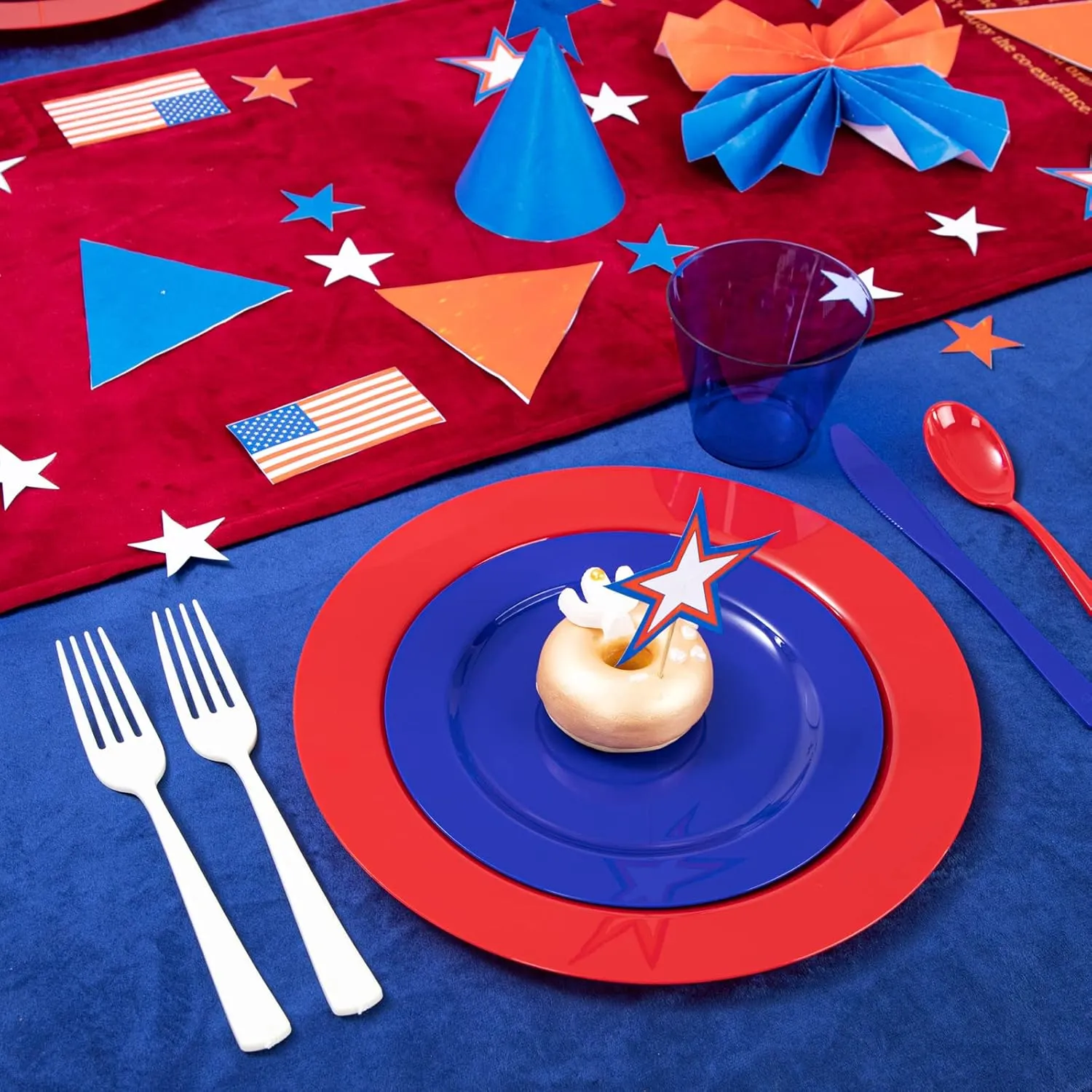 KIRE 150PCS 4th of July Plates & Red White Blue Disposable Plastic Silverware &Clear Blue Cups-American Flag Patriotic Party Supplies for Celebration Activities,Independence Day, Memorial Day