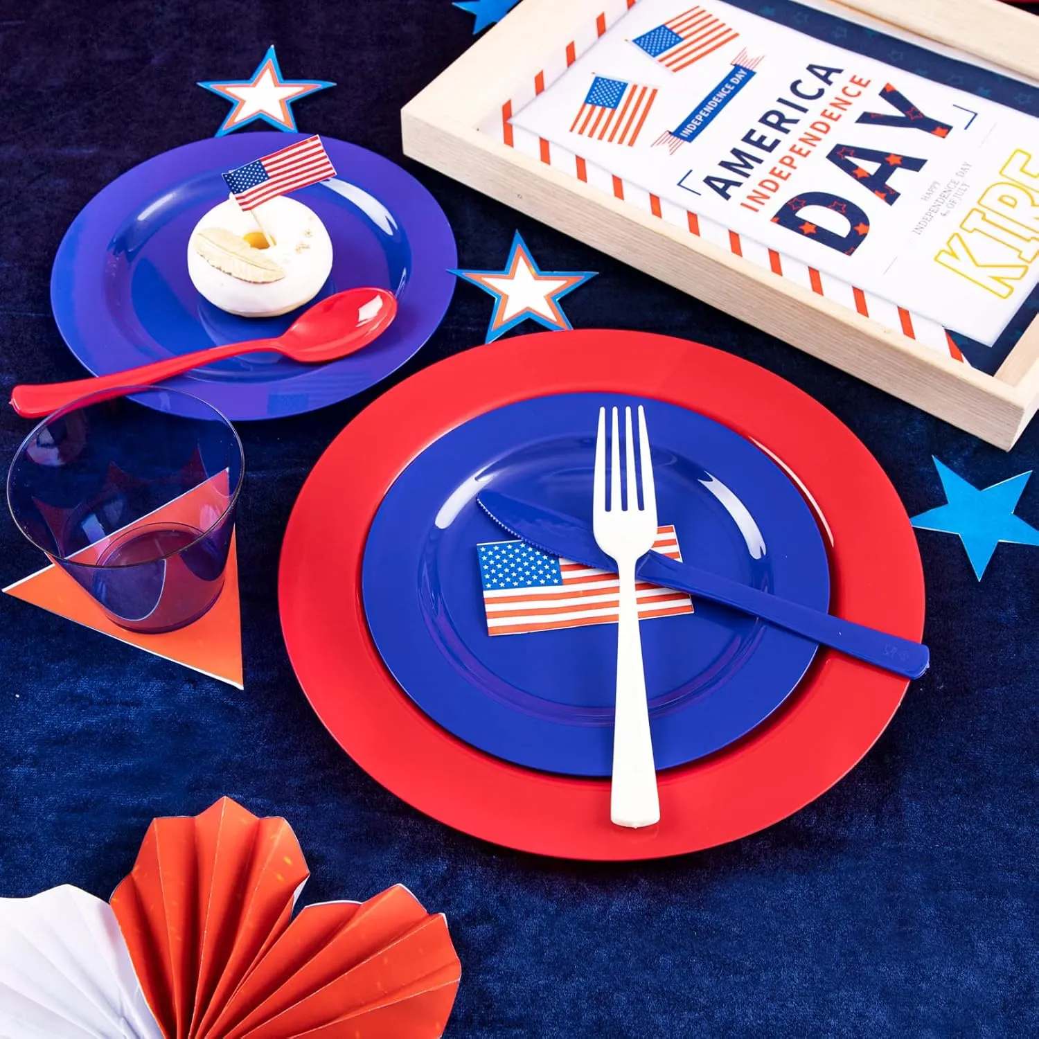 KIRE 150PCS 4th of July Plates & Red White Blue Disposable Plastic Silverware &Clear Blue Cups-American Flag Patriotic Party Supplies for Celebration Activities,Independence Day, Memorial Day