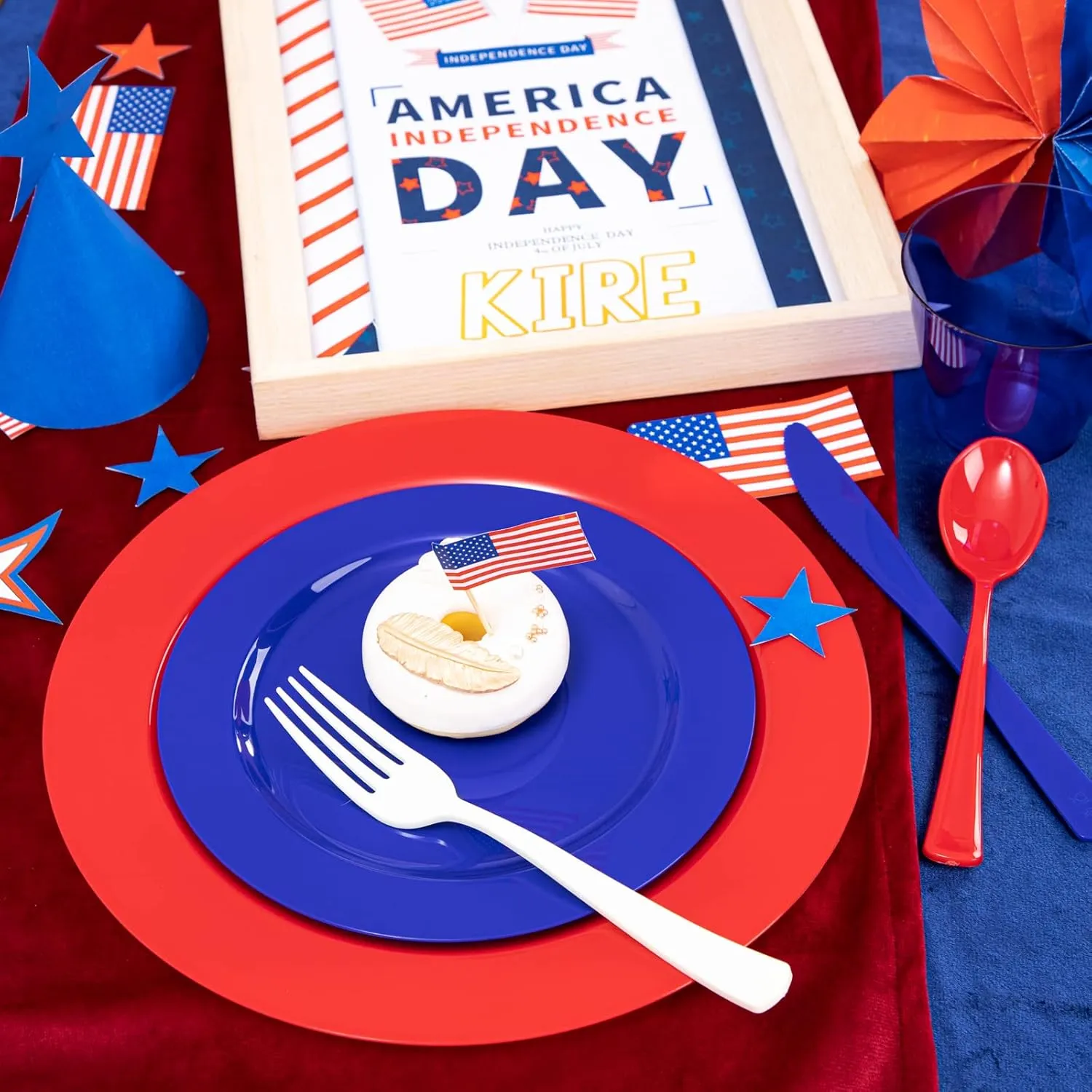 KIRE 150PCS 4th of July Plates & Red White Blue Disposable Plastic Silverware &Clear Blue Cups-American Flag Patriotic Party Supplies for Celebration Activities,Independence Day, Memorial Day