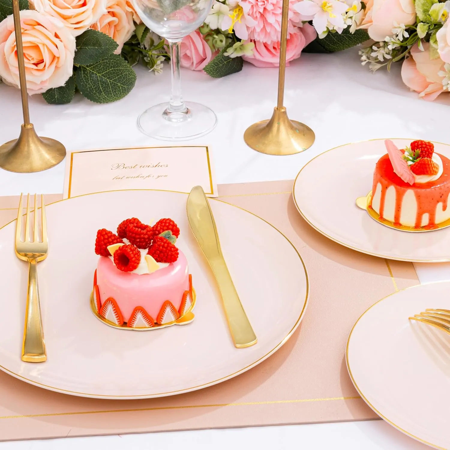 KIRE 175PCS Pink Plates Disposable - Heavy Duty Pink and Gold Plastic Plates Dinnerware Sets - 25 for Dinner 25 for Dessert 25 Pre Rolled Napkins 25Cups for Birthday Party/Wedding/Mother's Day