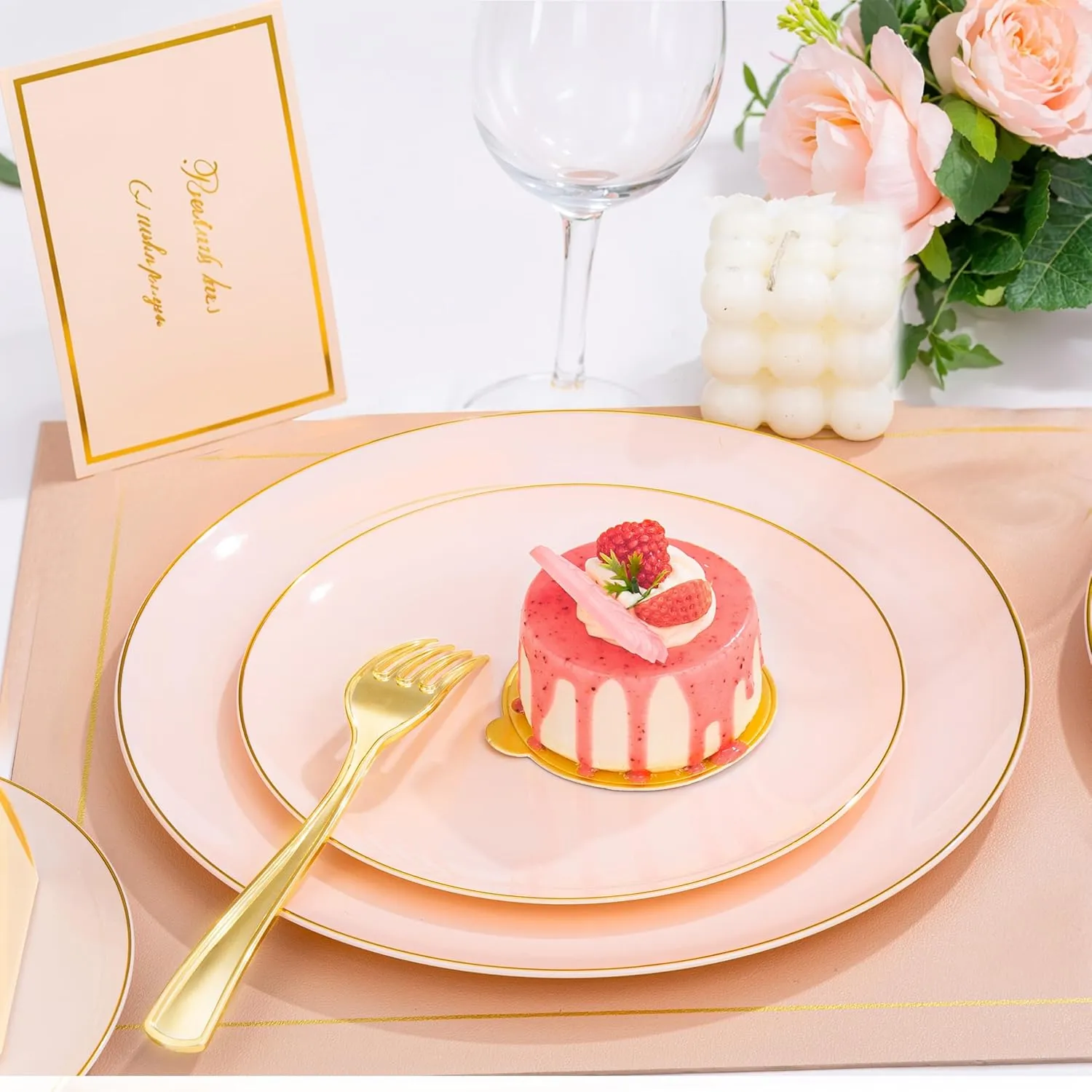 KIRE 175PCS Pink Plates Disposable - Heavy Duty Pink and Gold Plastic Plates Dinnerware Sets - 25 for Dinner 25 for Dessert 25 Pre Rolled Napkins 25Cups for Birthday Party/Wedding/Mother's Day