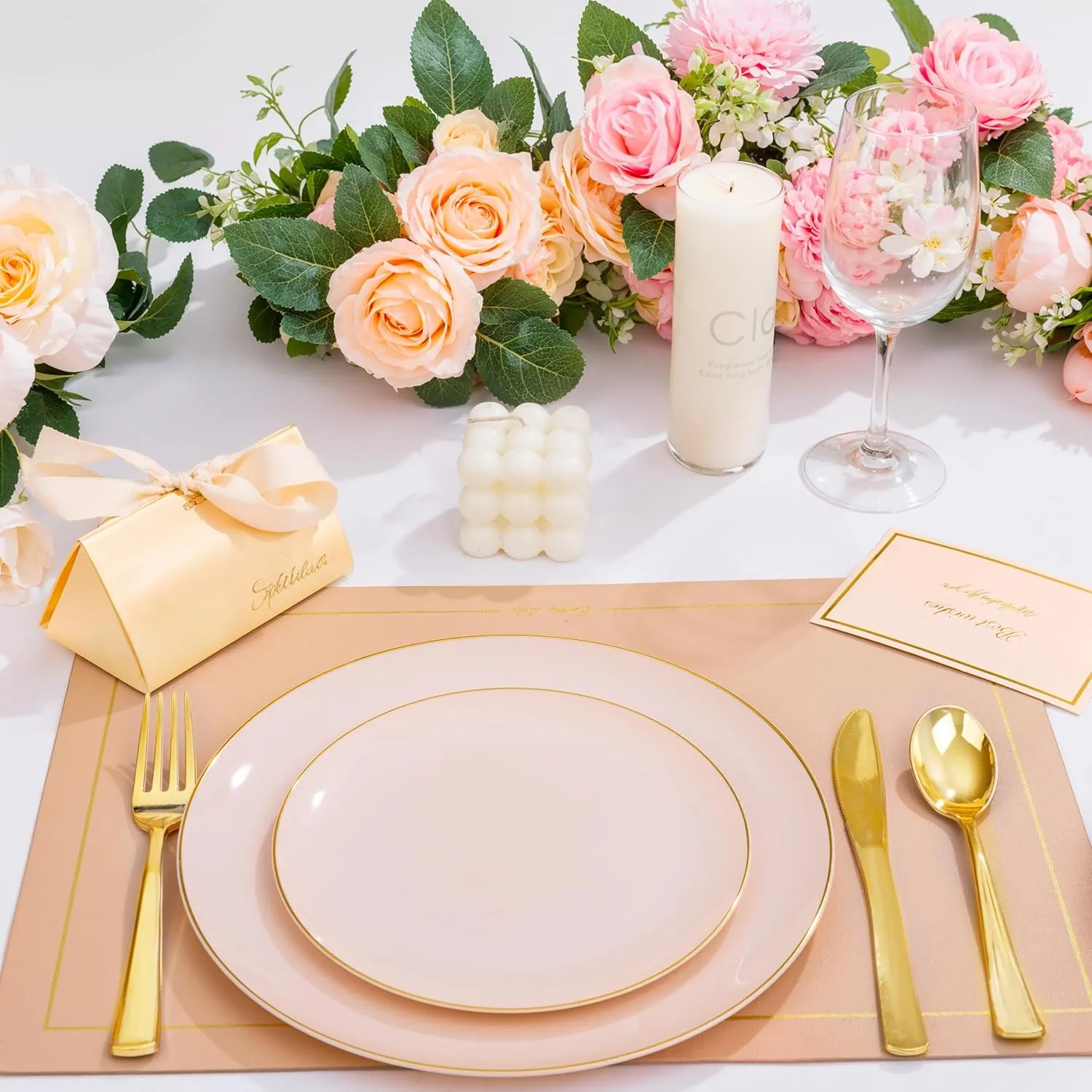 KIRE 175PCS Pink Plates Disposable - Heavy Duty Pink and Gold Plastic Plates Dinnerware Sets - 25 for Dinner 25 for Dessert 25 Pre Rolled Napkins 25Cups for Birthday Party/Wedding/Mother's Day