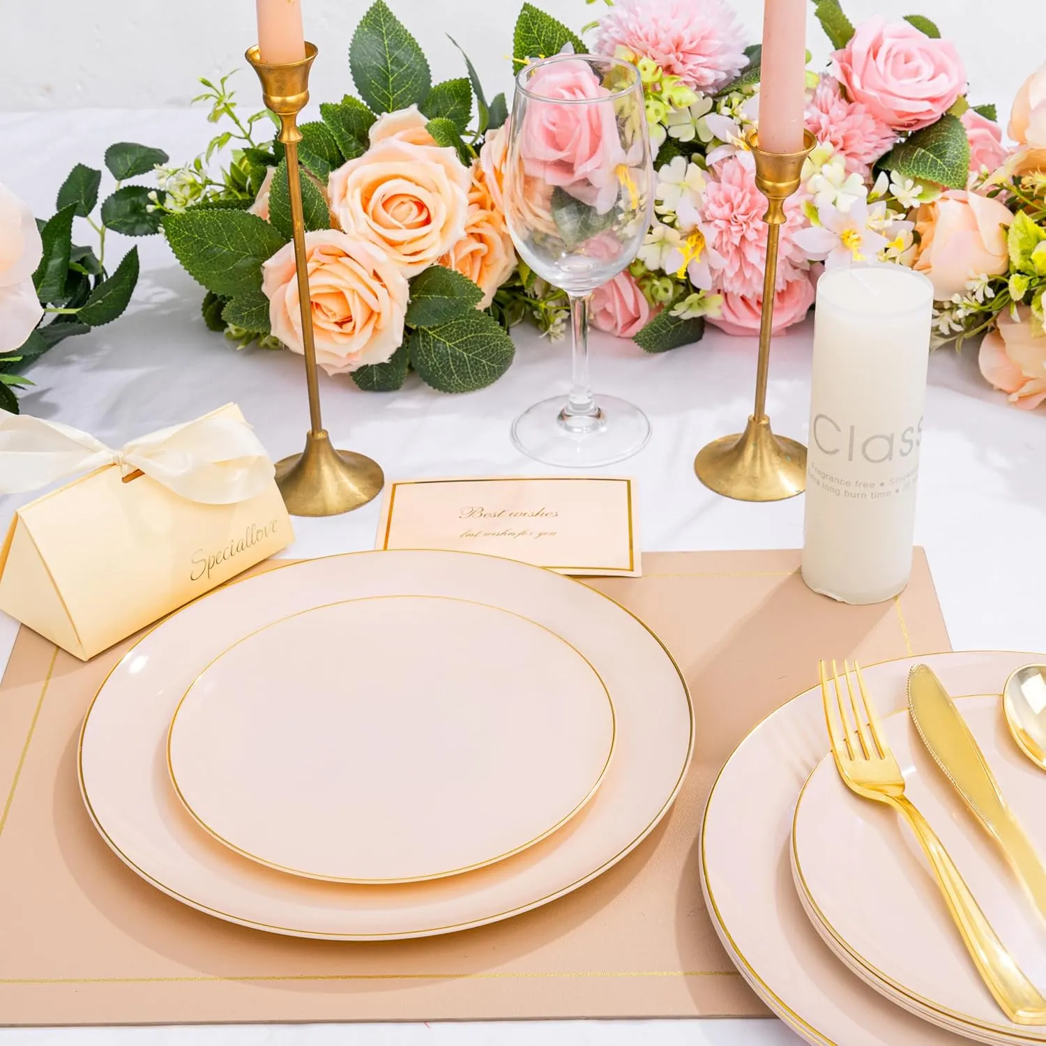 KIRE 175PCS Pink Plates Disposable - Heavy Duty Pink and Gold Plastic Plates Dinnerware Sets - 25 for Dinner 25 for Dessert 25 Pre Rolled Napkins 25Cups for Birthday Party/Wedding/Mother's Day