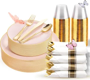 KIRE 175PCS Pink Plates Disposable - Heavy Duty Pink and Gold Plastic Plates Dinnerware Sets - 25 for Dinner 25 for Dessert 25 Pre Rolled Napkins 25Cups for Birthday Party/Wedding/Mother's Day