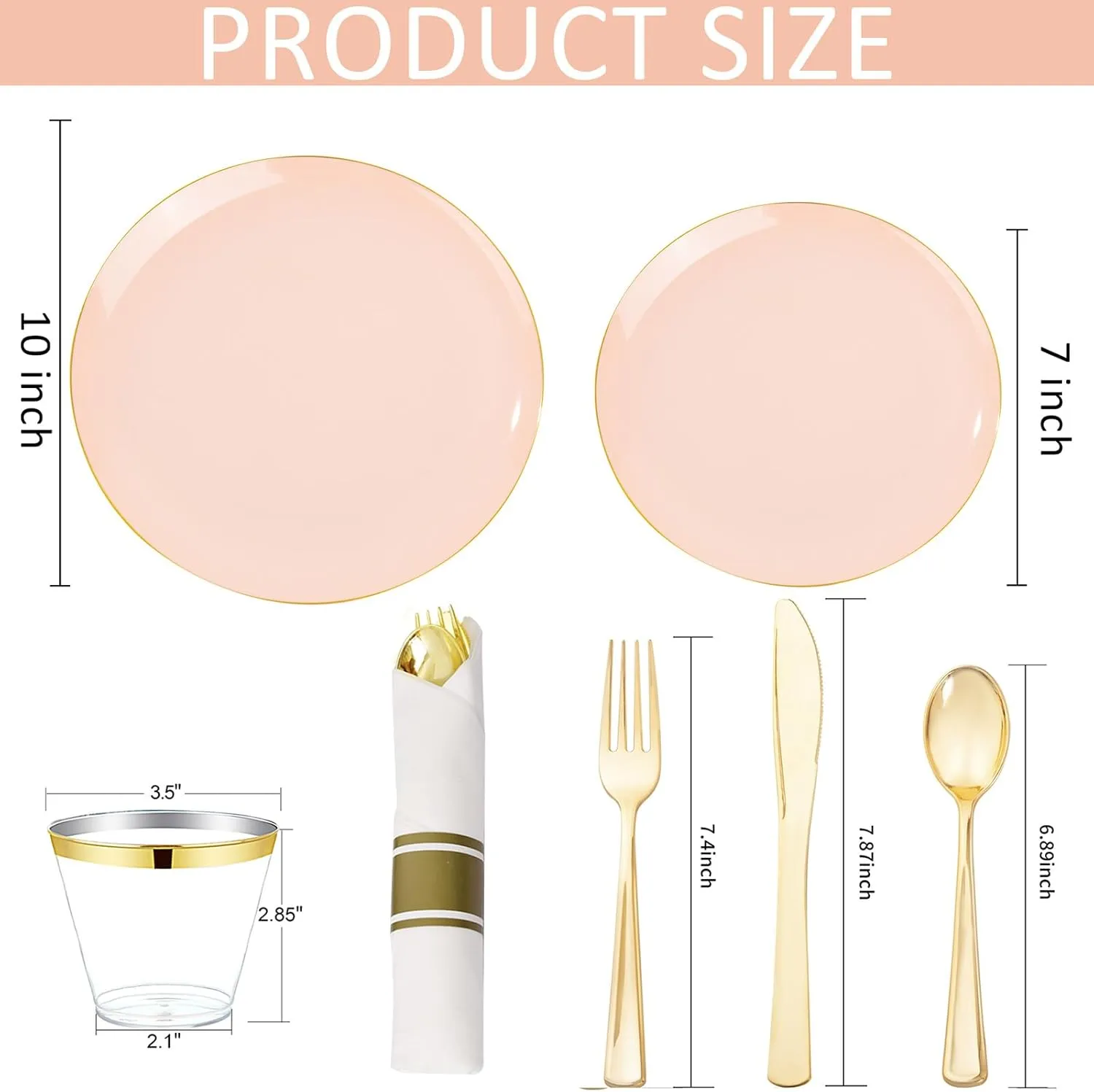 KIRE 175PCS Pink Plates Disposable - Heavy Duty Pink and Gold Plastic Plates Dinnerware Sets - 25 for Dinner 25 for Dessert 25 Pre Rolled Napkins 25Cups for Birthday Party/Wedding/Mother's Day