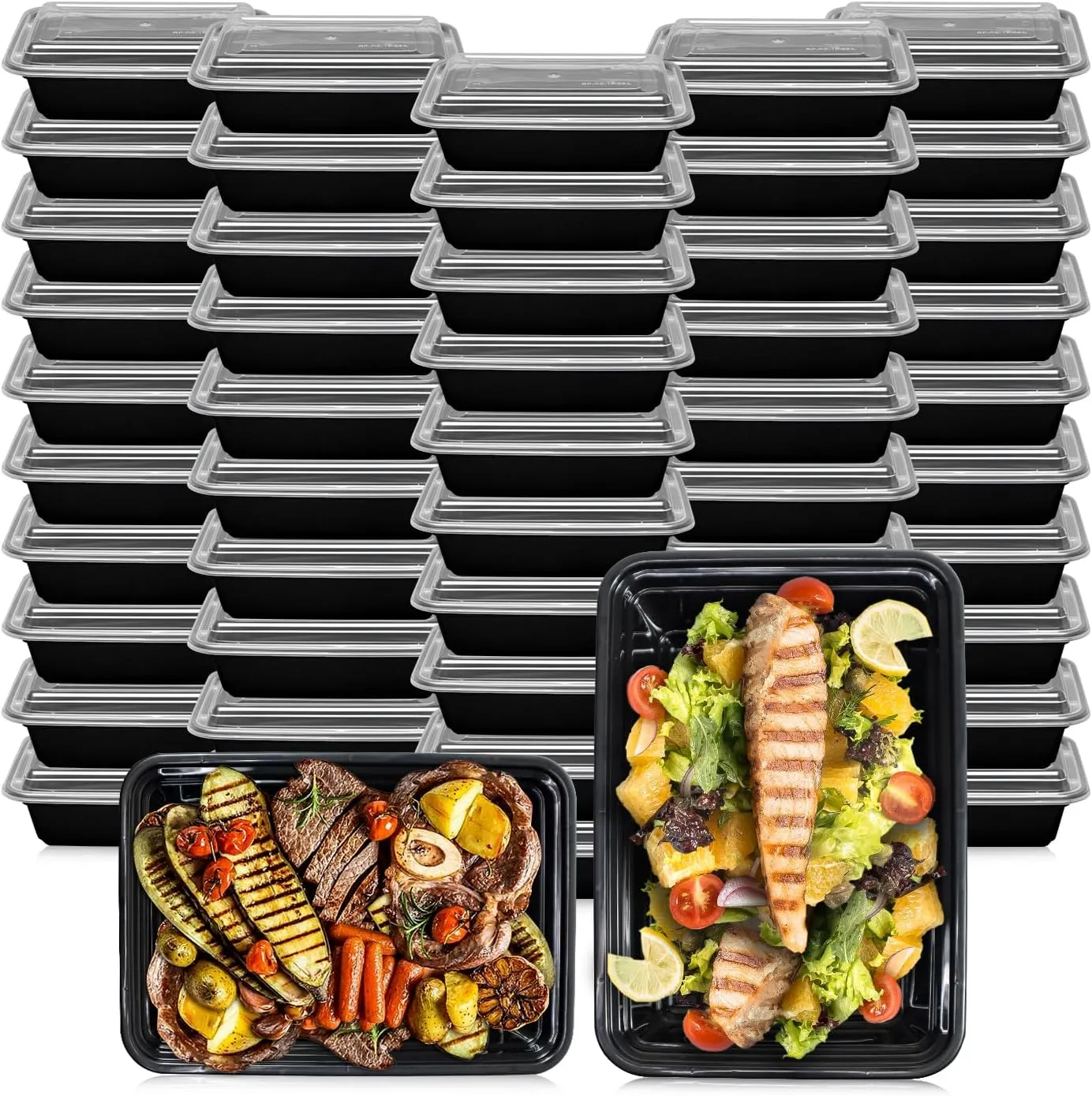 Klex 32 Oz, 50 Sets Meal Prep Containers with Airtight Lids, BPA Free, Reusable Plastic Food Container, 32 oz, Rectangular, Black/Clear, 50 Sets