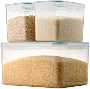 Komax Biokips Extra Large Rice Container – Airtight Food Storage Containers for Rice, Baking Supplies, or Dry Food – 48.6 Cups Rice Dispenser w/Handle   2 Nestable 15.2 Cups Food Containers (3-Pack)