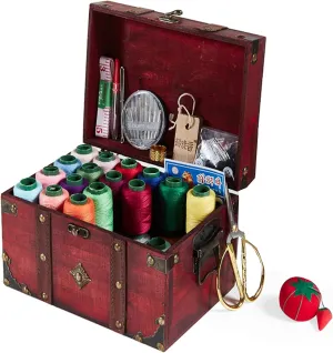 KraNx Sewing Tool Box, Sewing Kit, Antique Wooden Sewing Box Set for Home, with Thread/Needle/Scissors and Other Accessories, Suitable for Mothers, Grandma, Brown
