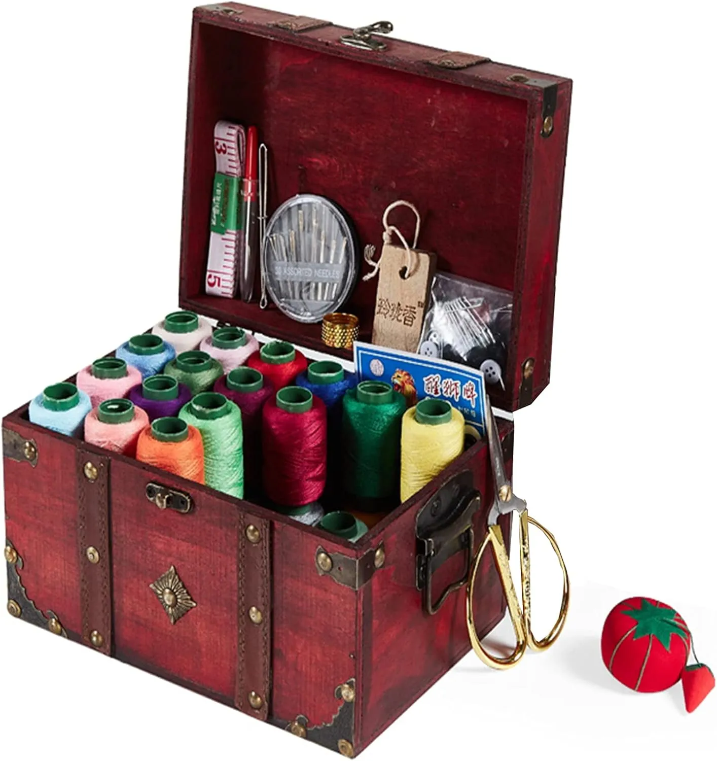 KraNx Sewing Tool Box, Sewing Kit, Antique Wooden Sewing Box Set for Home, with Thread/Needle/Scissors and Other Accessories, Suitable for Mothers, Grandma, Brown