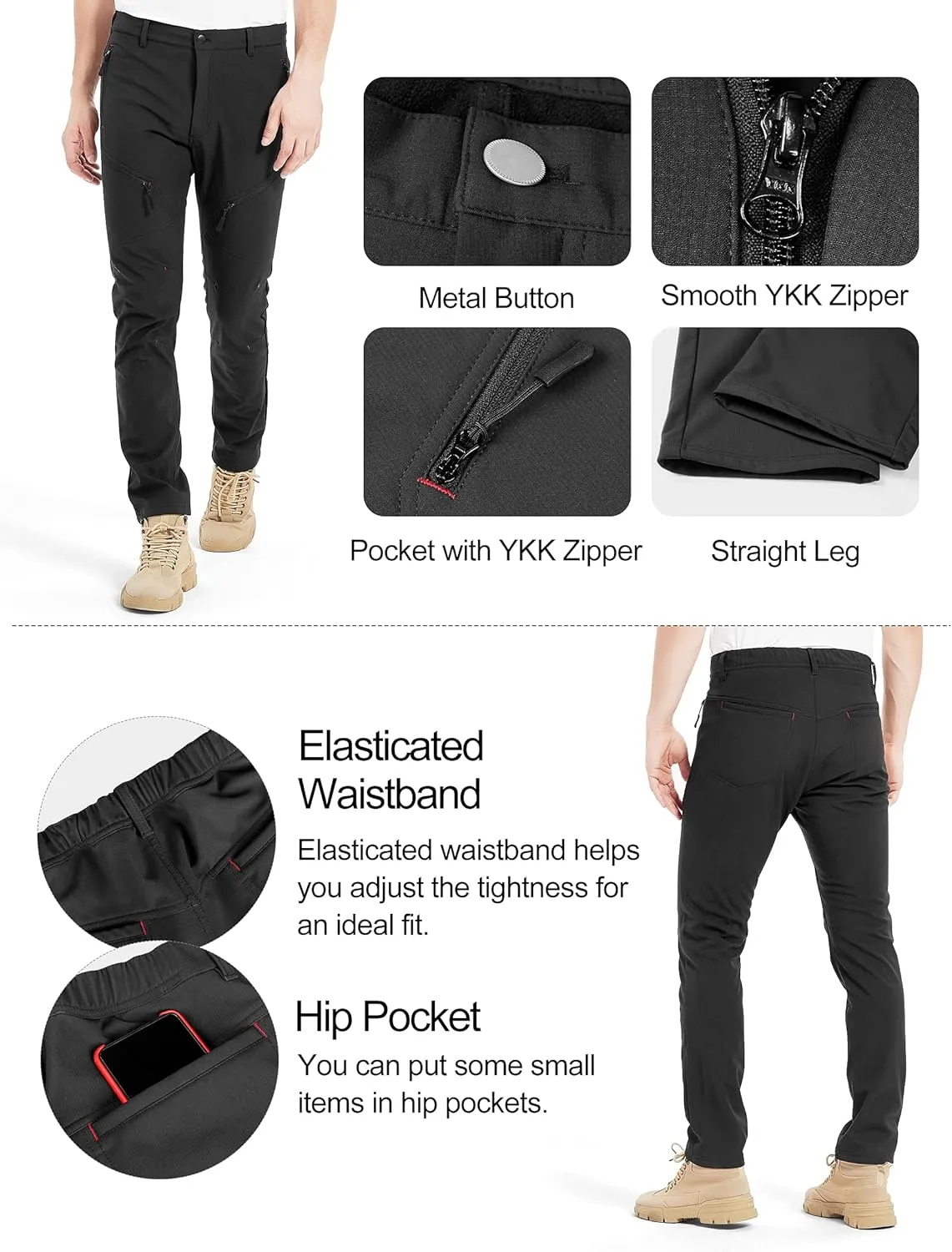KUTOOK Winter Windproof Water Repellent Hiking Pants Thermal Fleece Casual Pants Straight Leg with Zipper Pockets for Men