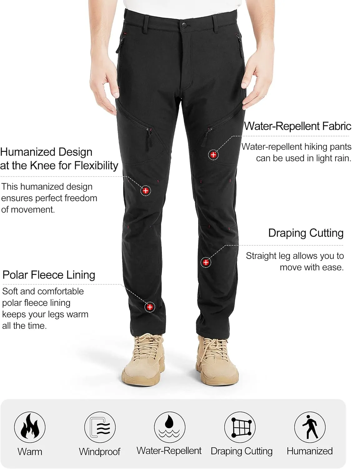 KUTOOK Winter Windproof Water Repellent Hiking Pants Thermal Fleece Casual Pants Straight Leg with Zipper Pockets for Men