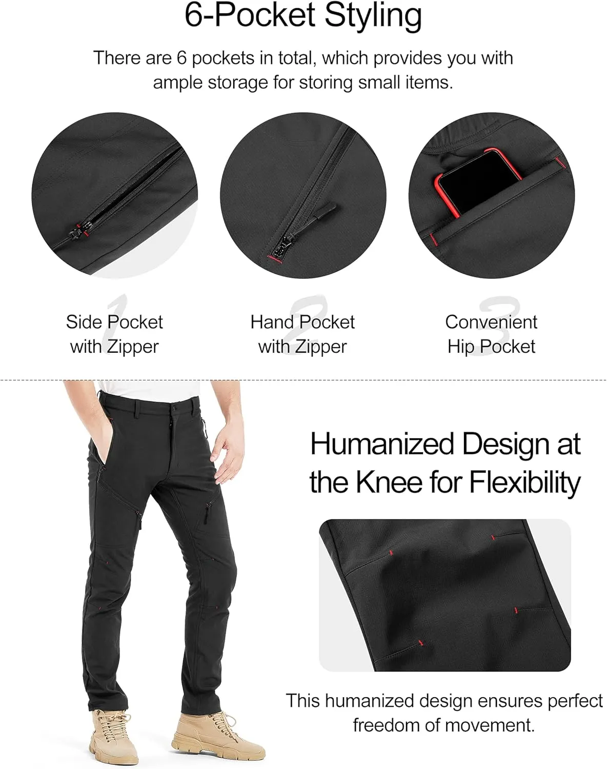 KUTOOK Winter Windproof Water Repellent Hiking Pants Thermal Fleece Casual Pants Straight Leg with Zipper Pockets for Men