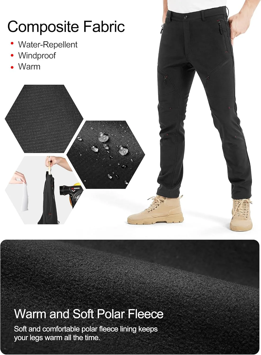 KUTOOK Winter Windproof Water Repellent Hiking Pants Thermal Fleece Casual Pants Straight Leg with Zipper Pockets for Men