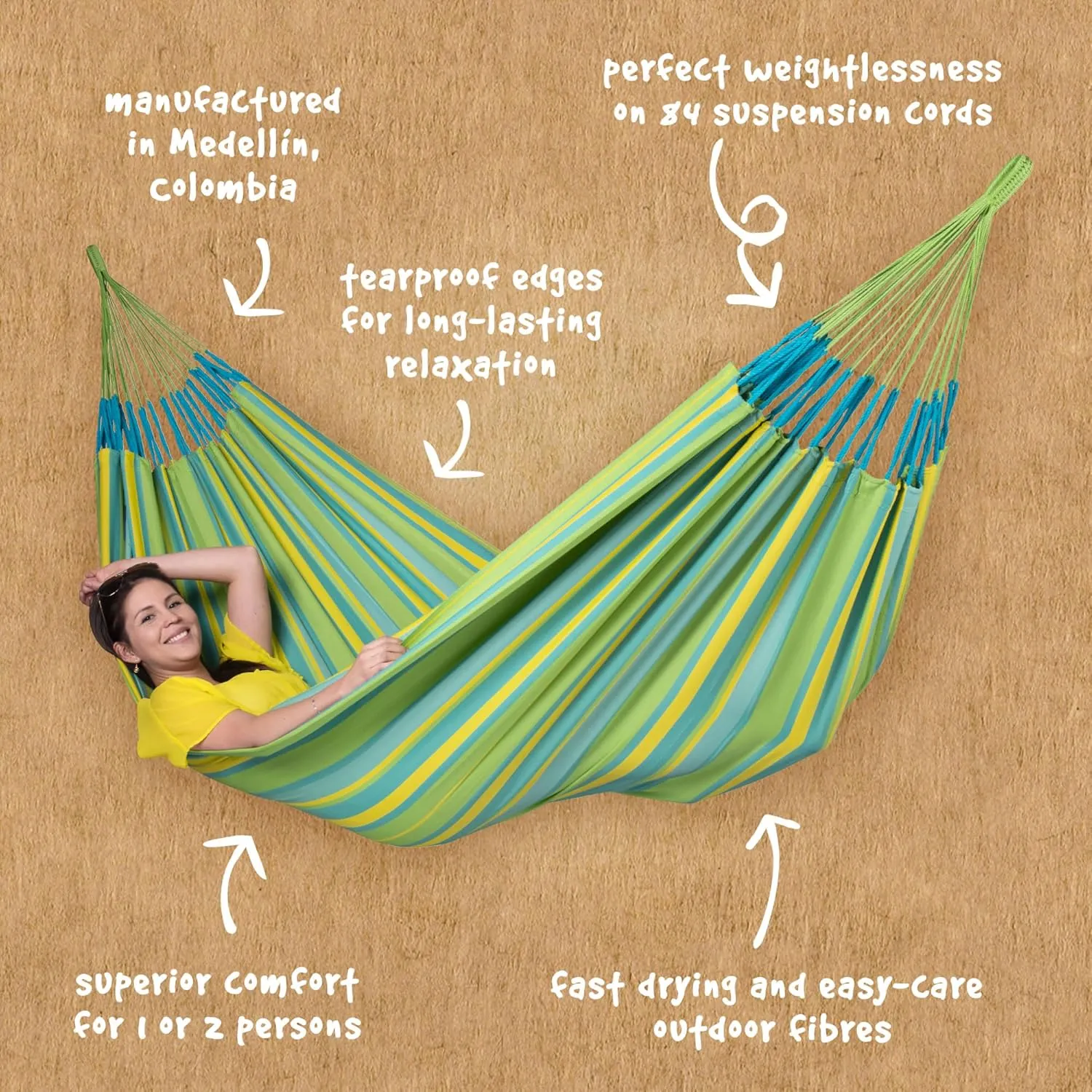 La Siesta Large Double Brisa Classic Hammock, Outdoor Indoor Hammock Swing - Handmade Weather & Tear Resistant Patio Backyard Bedroom Hammock, Lime