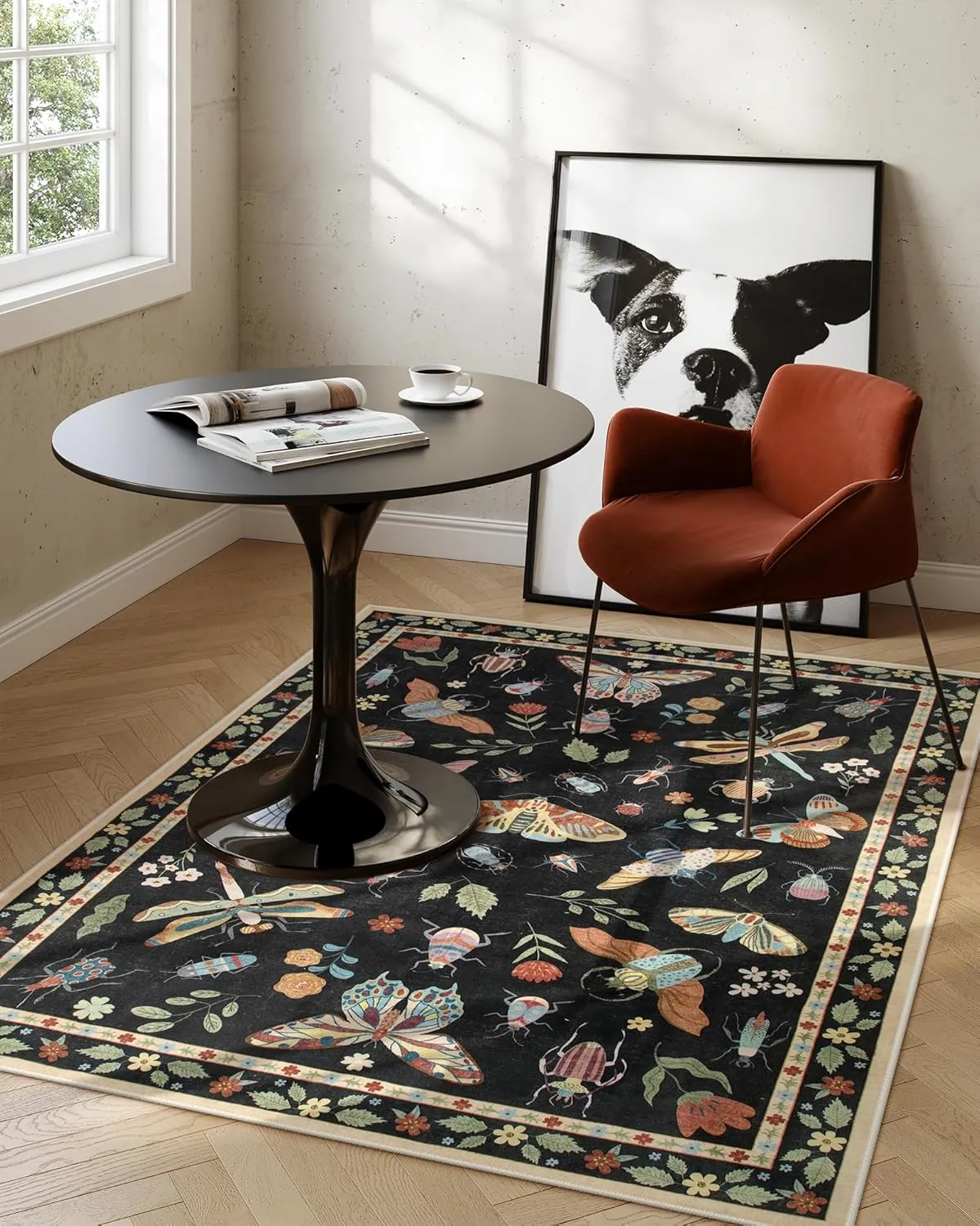 Lahome Insect 5x7 Area Rugs for Living Room, Soft Washable Rugs for Bedroom Ultra-Thin Non Slip Black Rug, Stain Resistant Throw Rug Carpet for Office Nursery Dining Room(5'x7',Black)