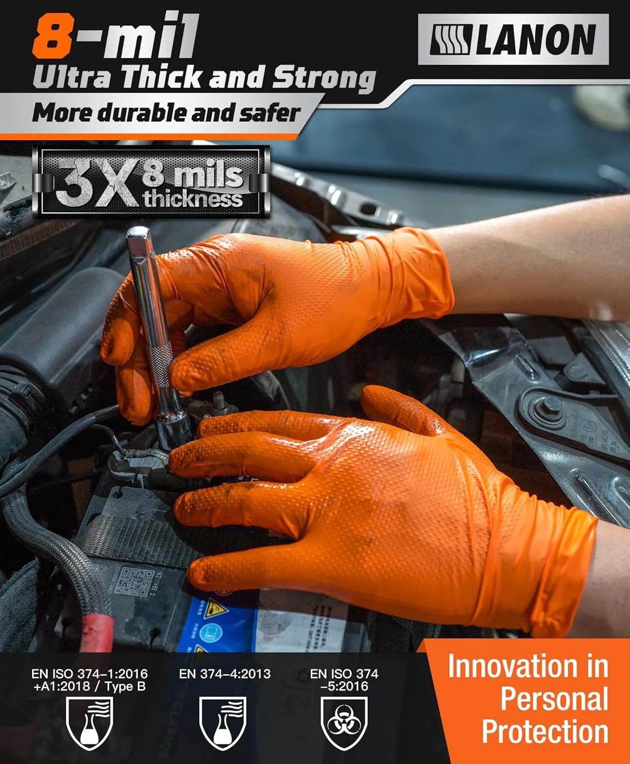 LANON 8mil Orange Disposable Nitrile Gloves, Mechanic, Heavy Duty, Food Safe, Latex Free, Powder Free, Fully-Diamond Textured, Large
