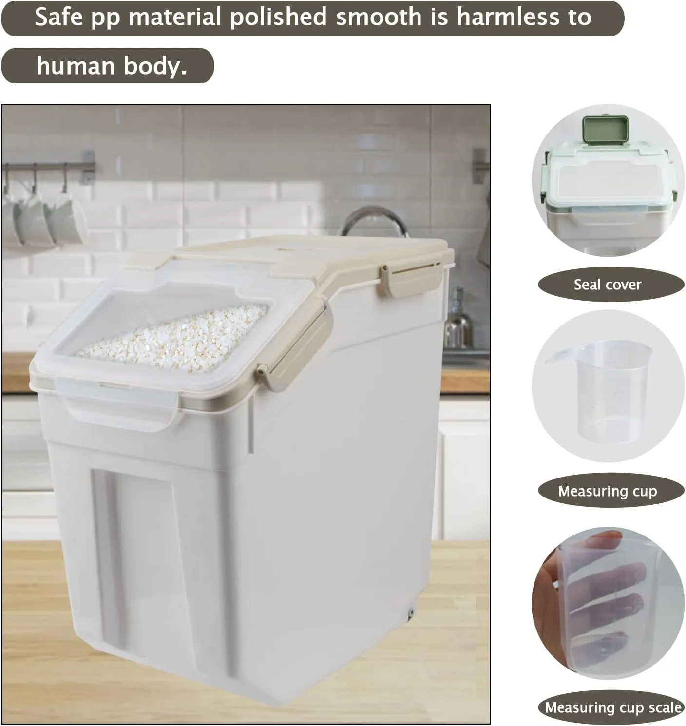 Large Flour Storage Container Bin 25lb, 2Pack Airtight Rice Storage Containers with Wheels Seal Locking Lid, BPA Free with Measuring Cup&Scoop for Flour, Rice, Grain(Gray)