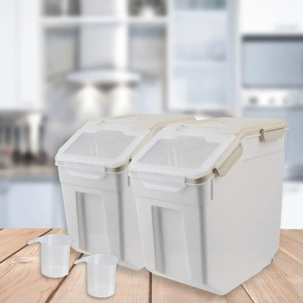 Large Flour Storage Container Bin 25lb, 2Pack Airtight Rice Storage Containers with Wheels Seal Locking Lid, BPA Free with Measuring Cup&Scoop for Flour, Rice, Grain(Gray)