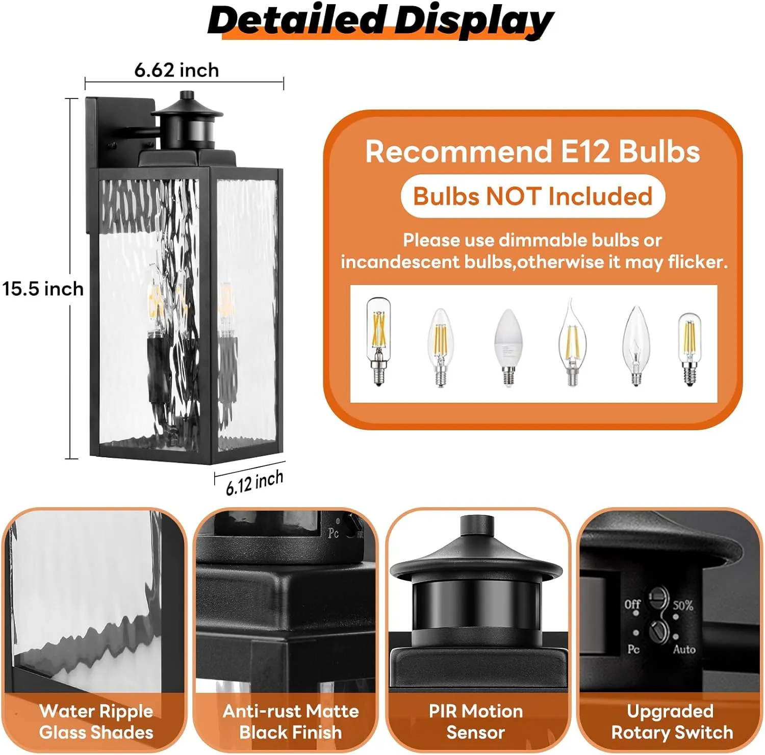 Large Motion Sensor Outdoor Wall Light, Black Exterior Wall Sconce Light Fixtures with Water-Rippled Glass, Waterproof Modern Outside Wall Lantern for House, Porch, Patio, Garage, Bulbs Not Included