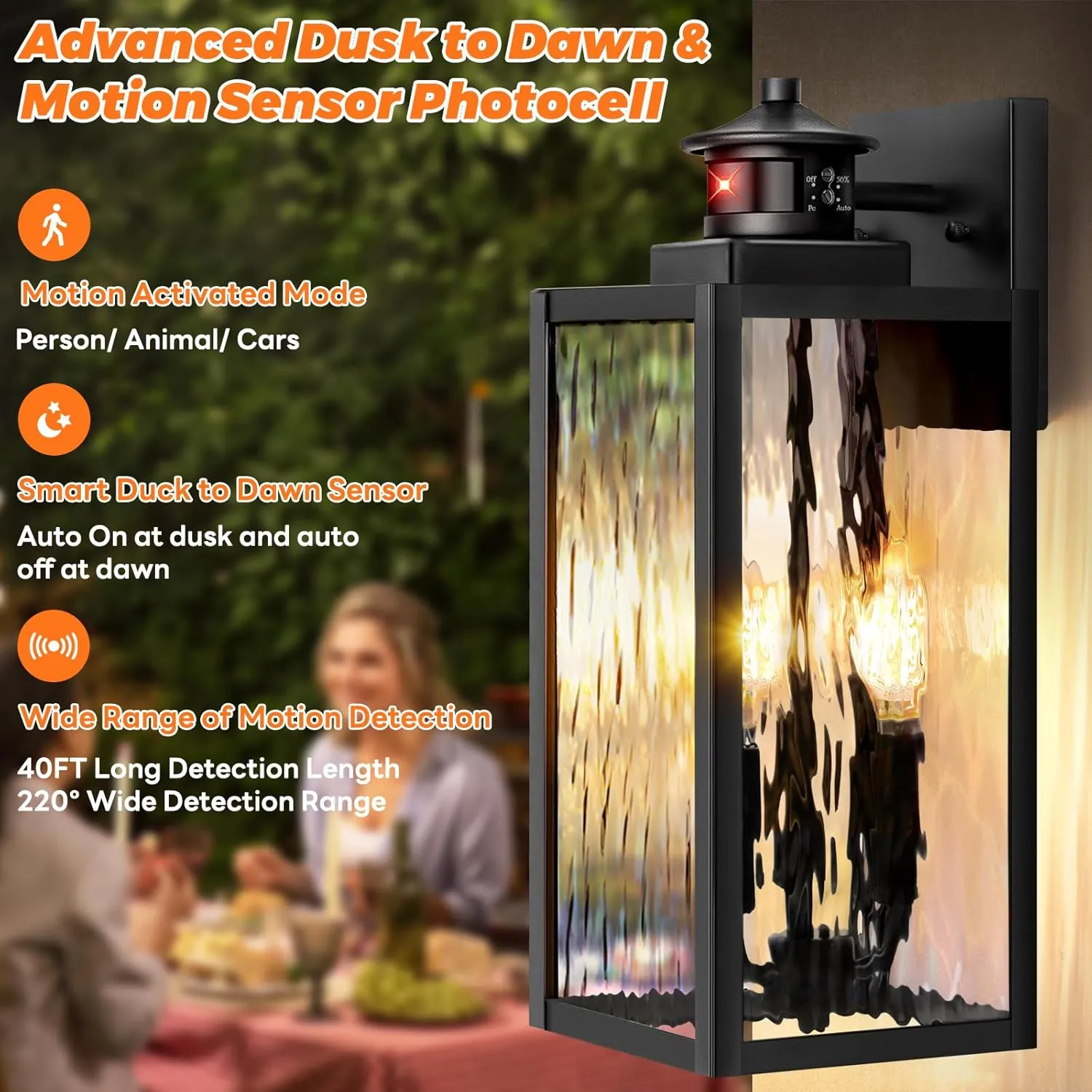 Large Motion Sensor Outdoor Wall Light, Black Exterior Wall Sconce Light Fixtures with Water-Rippled Glass, Waterproof Modern Outside Wall Lantern for House, Porch, Patio, Garage, Bulbs Not Included