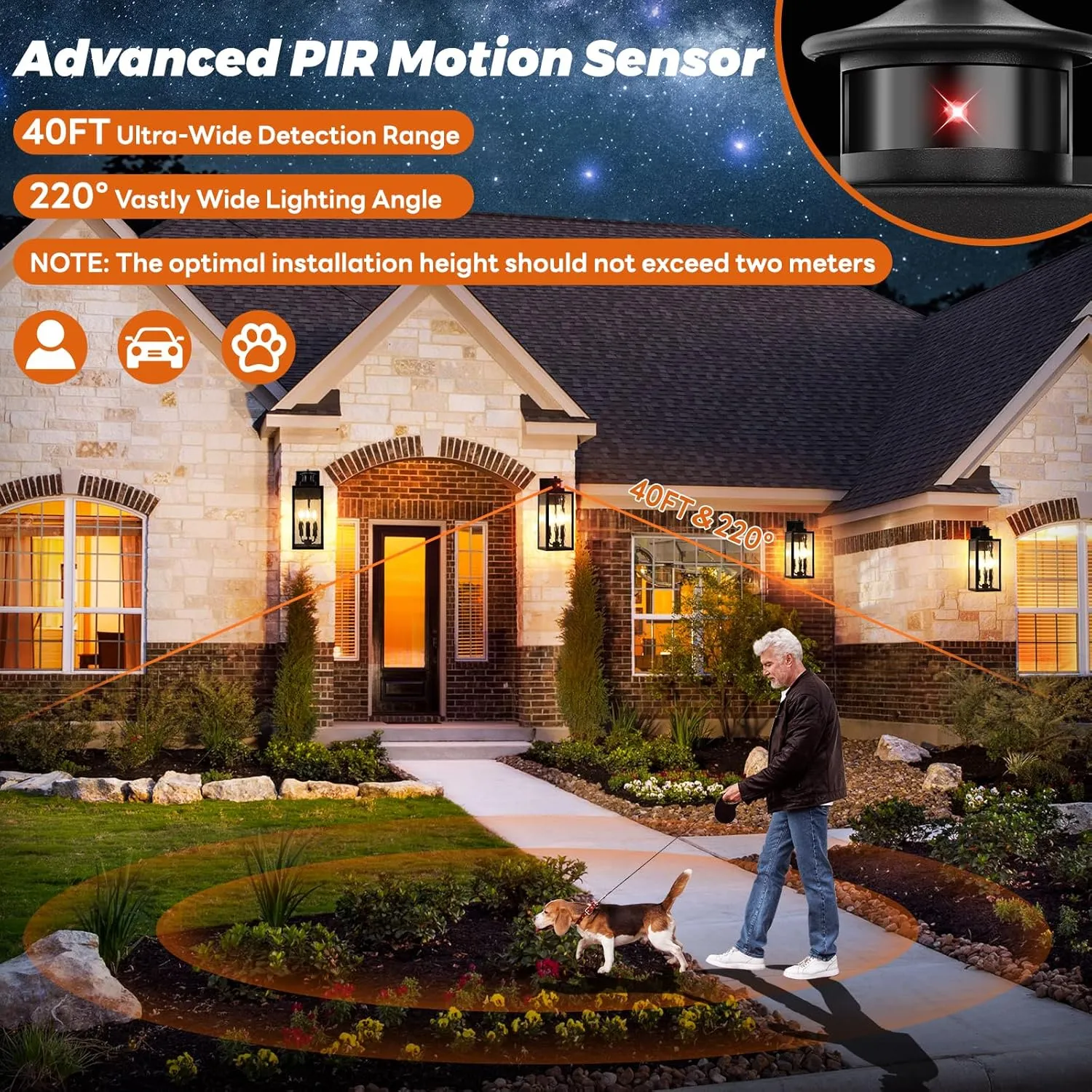 Large Motion Sensor Outdoor Wall Light, Black Exterior Wall Sconce Light Fixtures with Water-Rippled Glass, Waterproof Modern Outside Wall Lantern for House, Porch, Patio, Garage, Bulbs Not Included