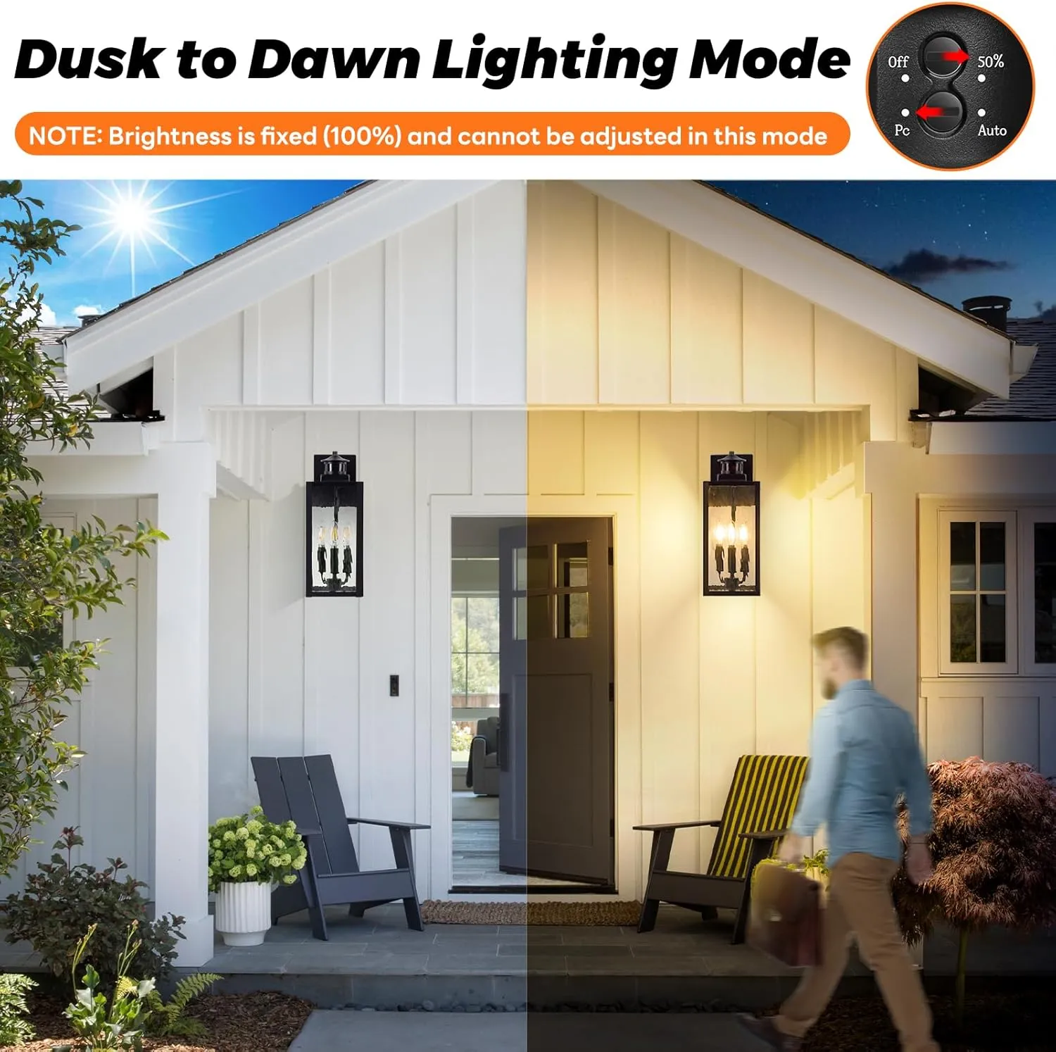 Large Motion Sensor Outdoor Wall Light, Black Exterior Wall Sconce Light Fixtures with Water-Rippled Glass, Waterproof Modern Outside Wall Lantern for House, Porch, Patio, Garage, Bulbs Not Included