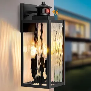 Large Motion Sensor Outdoor Wall Light, Black Exterior Wall Sconce Light Fixtures with Water-Rippled Glass, Waterproof Modern Outside Wall Lantern for House, Porch, Patio, Garage, Bulbs Not Included