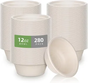 Large Paper Bowls Disposable,12oz Disposable Bowls for Hot Soup,280 Pack Eco-Friendly, Compostable Bagasse Bowls,Disposable Heavy Duty Biodegradable Bowls Bulk for Hot Food,Salad,Milk Cereals