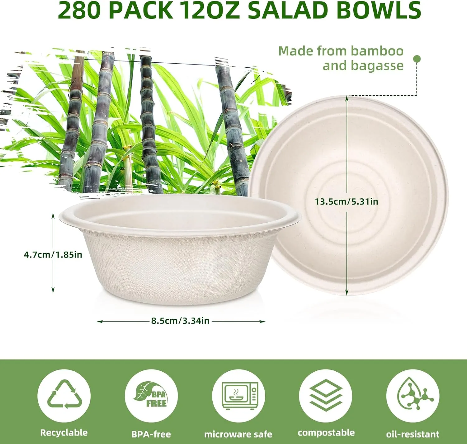 Large Paper Bowls Disposable,12oz Disposable Bowls for Hot Soup,280 Pack Eco-Friendly, Compostable Bagasse Bowls,Disposable Heavy Duty Biodegradable Bowls Bulk for Hot Food,Salad,Milk Cereals