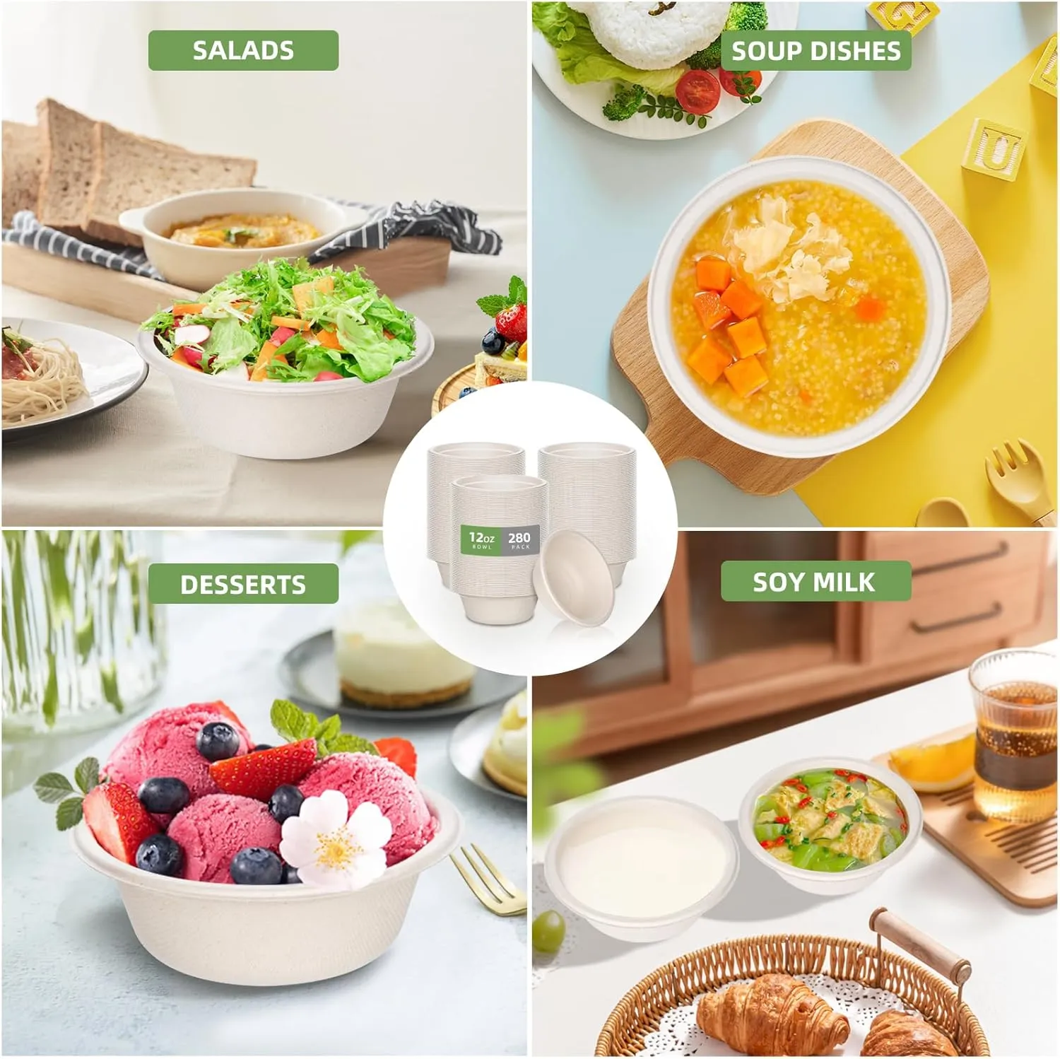 Large Paper Bowls Disposable,12oz Disposable Bowls for Hot Soup,280 Pack Eco-Friendly, Compostable Bagasse Bowls,Disposable Heavy Duty Biodegradable Bowls Bulk for Hot Food,Salad,Milk Cereals