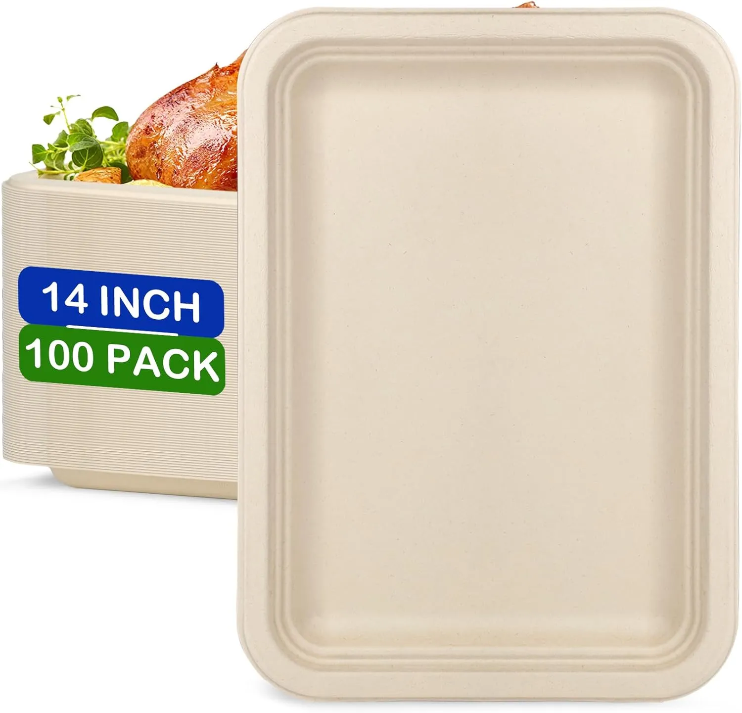Large Paper Plates 14 Inch, 100 Pack Disposable Trays, Heavy Duty Dinner Size, Eco-Friendly Compostable Biodegradable, Strong Sturdy Brown