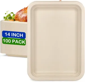Large Paper Plates 14 Inch, 100 Pack Disposable Trays, Heavy Duty Dinner Size, Eco-Friendly Compostable Biodegradable, Strong Sturdy Brown