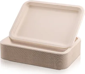 Lawei 50 Pack 14 Inch Biodegradable Paper Plates, Rectangle Compostable Disposable Food Trays 100% Heavy-Duty Sugarcane Bagasse Paper Platter for Seafood, BBQ, Picnic, Party