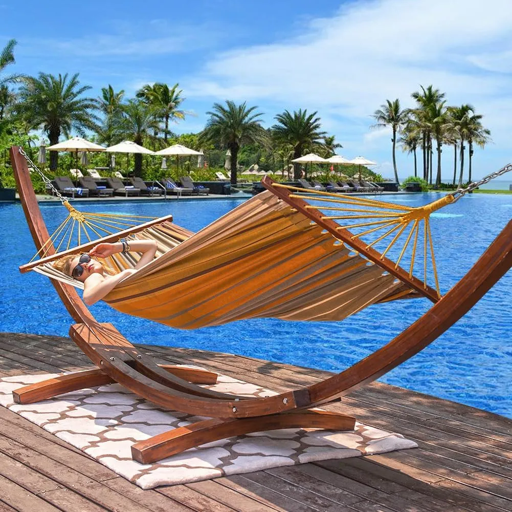 Lazy Daze Hammocks Cotton Fabric Spreader Bar Hammock and 10.5 Ft Wood Arc Hammock Stand Combo, for Indoor, Outdoor, Patio, Backyard, Khaki and Brown
