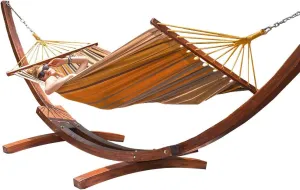 Lazy Daze Hammocks Cotton Fabric Spreader Bar Hammock and 10.5 Ft Wood Arc Hammock Stand Combo, for Indoor, Outdoor, Patio, Backyard, Khaki and Brown