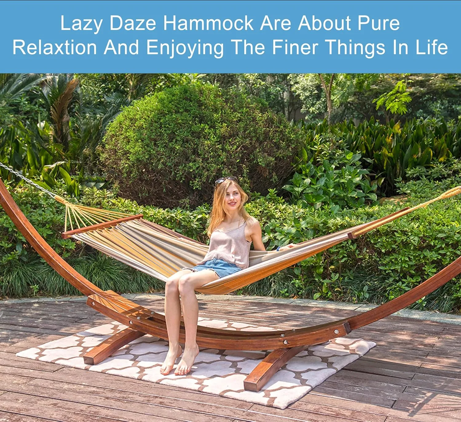 Lazy Daze Hammocks Cotton Fabric Spreader Bar Hammock and 10.5 Ft Wood Arc Hammock Stand Combo, for Indoor, Outdoor, Patio, Backyard, Khaki and Brown