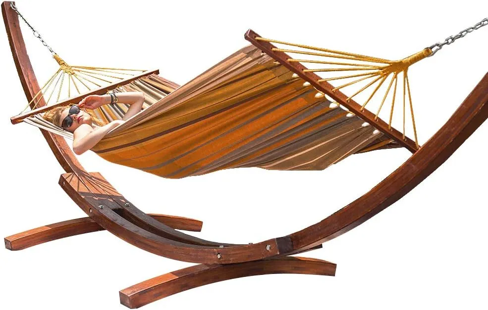 Lazy Daze Hammocks Cotton Fabric Spreader Bar Hammock and 10.5 Ft Wood Arc Hammock Stand Combo, for Indoor, Outdoor, Patio, Backyard, Khaki and Brown