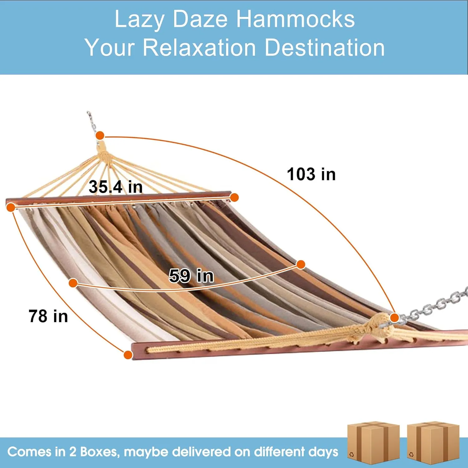 Lazy Daze Hammocks Cotton Fabric Spreader Bar Hammock and 10.5 Ft Wood Arc Hammock Stand Combo, for Indoor, Outdoor, Patio, Backyard, Khaki and Brown