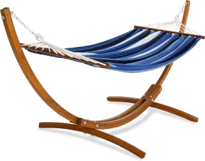 Lazy Daze Hammocks Cotton Fabric Spreader Bar Hammock and 10.5 Ft Wood Arc Hammock Stand Combo, for Indoor, Outdoor,Patio, Backyard, Blue and Cyan