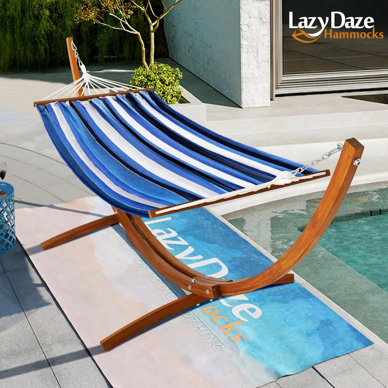 Lazy Daze Hammocks Cotton Fabric Spreader Bar Hammock and 10.5 Ft Wood Arc Hammock Stand Combo, for Indoor, Outdoor,Patio, Backyard, Blue and Cyan