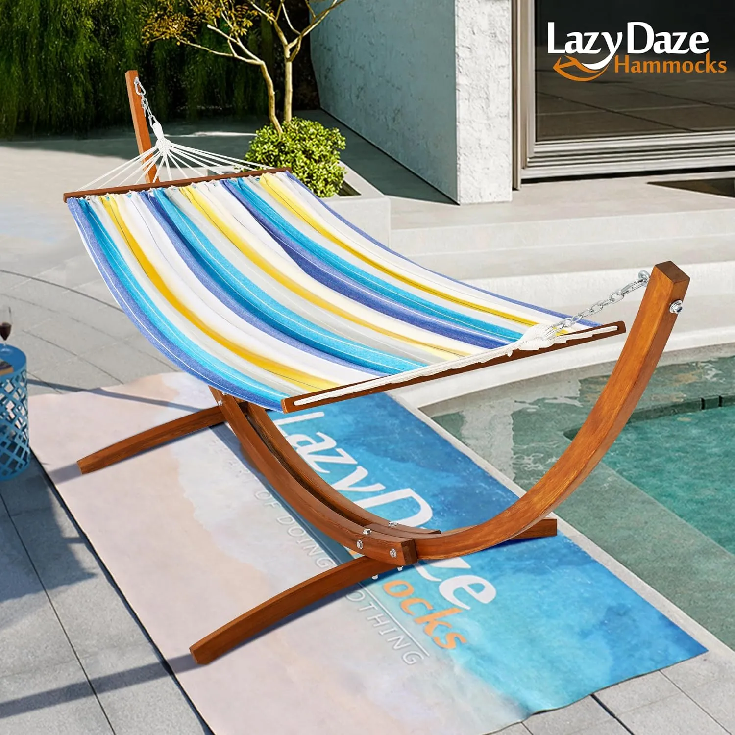 Lazy Daze Hammocks Cotton Fabric Spreader Bar Hammock and 10.5 Ft Wood Arc Hammock Stand Combo, for Outdoor, Indoor, Patio, Backyard, Blue and Green