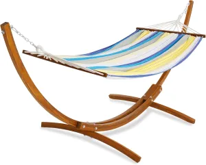 Lazy Daze Hammocks Cotton Fabric Spreader Bar Hammock and 10.5 Ft Wood Arc Hammock Stand Combo, for Outdoor, Indoor, Patio, Backyard, Blue and Green