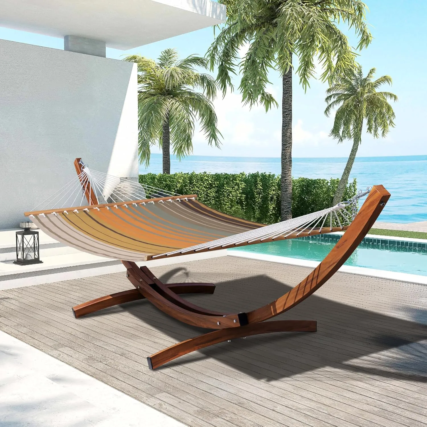 Lazy Daze Hammocks Outside 12 FT Double Quick Dry Textliene Hammock with Stand Included Curved Metal Hammock Stand for Outdoor 450 Lbs Capacity, Coffee