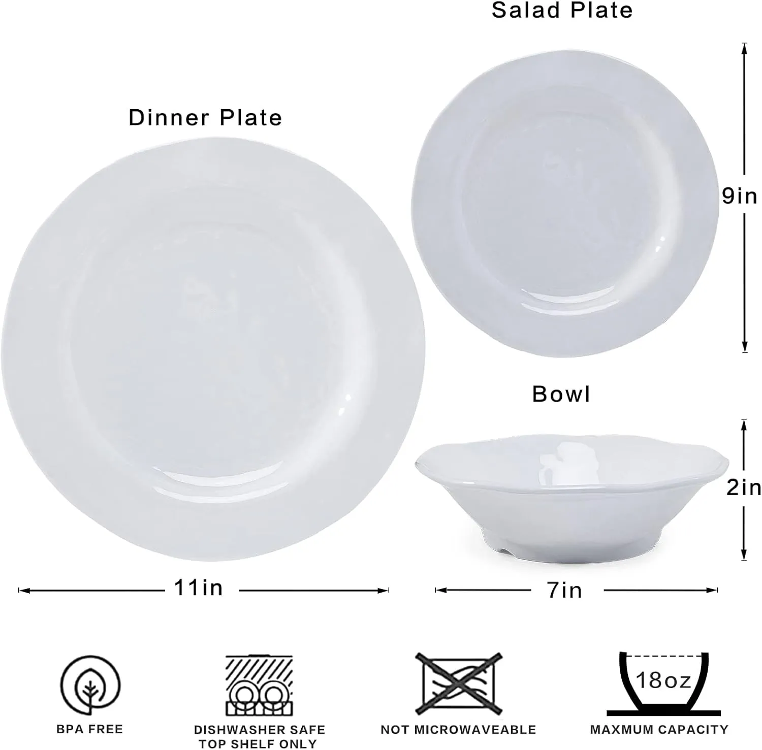 LEHAHA Basic White Melamine Dinnerware Sets, 18 Piece melamine dishes set, Service for 6, Plates and Bowls Sets Great for Indoor and Outdoor Use, Dishwasher safe…