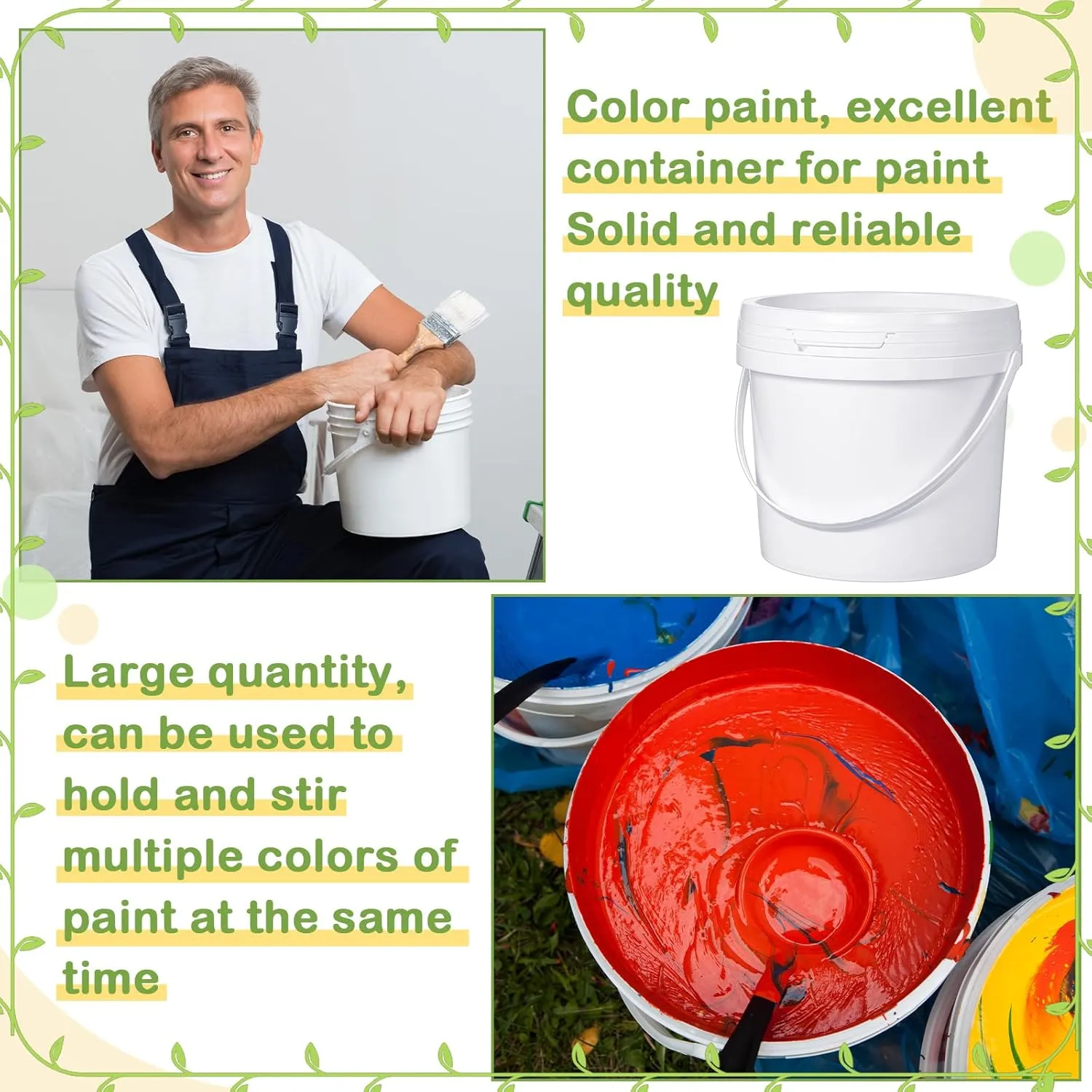 Leinuosen 8 Pcs Plastic Bucket with Handle and Lid Durable Heavy Duty Food Safe Bucket Pail Container for Multipurpose Storage Paint Art Crafts Projects, BPA Free(1 Gallon,White)