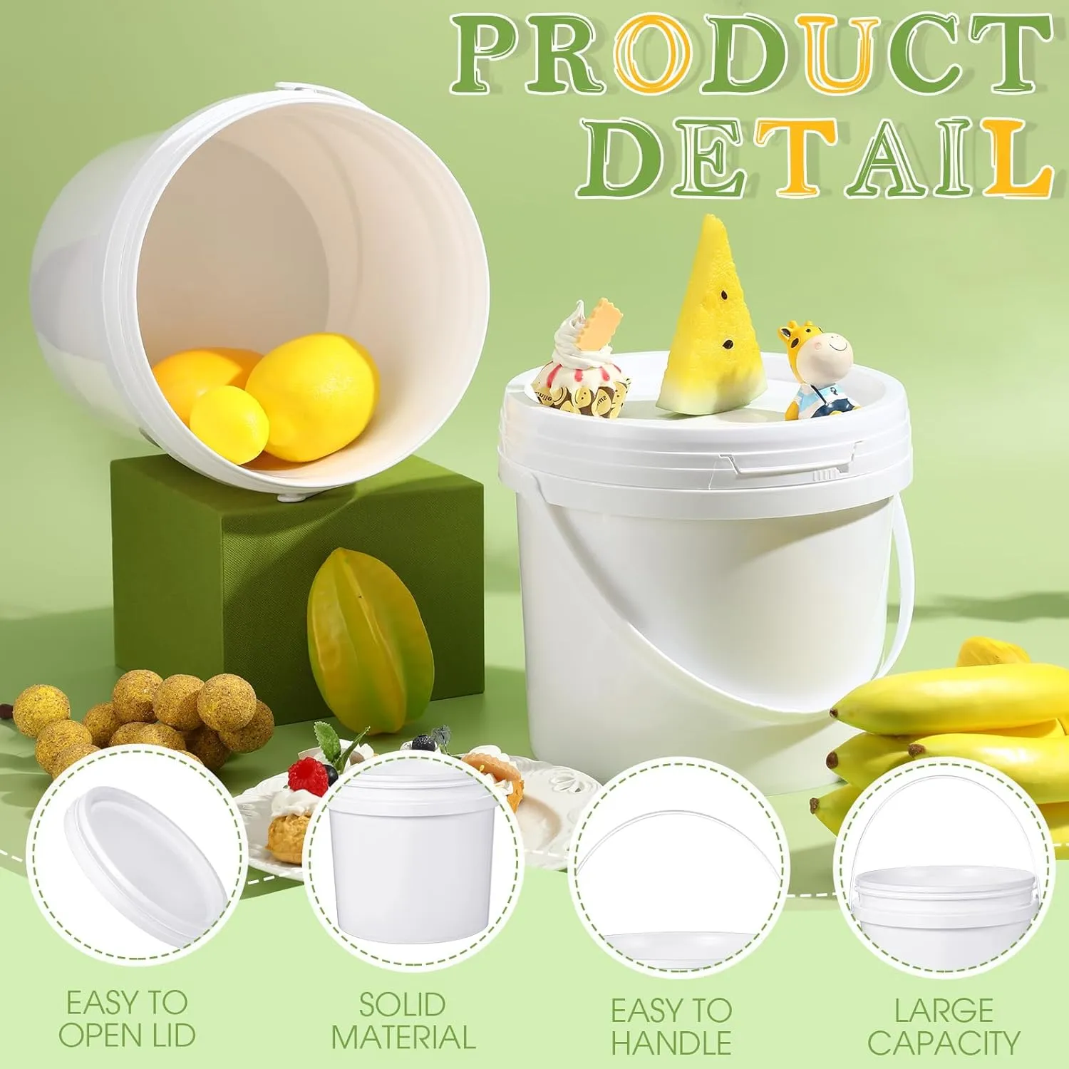 Leinuosen 8 Pcs Plastic Bucket with Handle and Lid Durable Heavy Duty Food Safe Bucket Pail Container for Multipurpose Storage Paint Art Crafts Projects, BPA Free(1 Gallon,White)