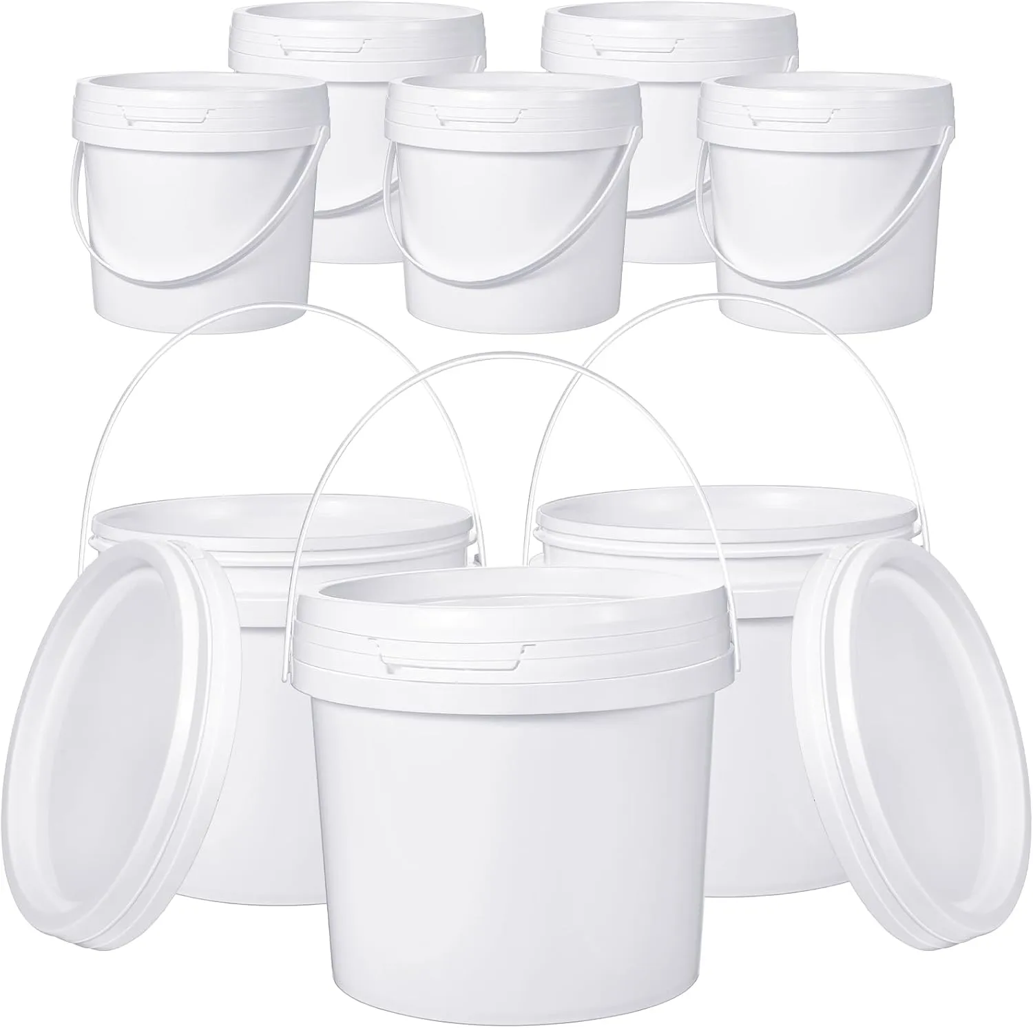Leinuosen 8 Pcs Plastic Bucket with Handle and Lid Durable Heavy Duty Food Safe Bucket Pail Container for Multipurpose Storage Paint Art Crafts Projects, BPA Free(1 Gallon,White)